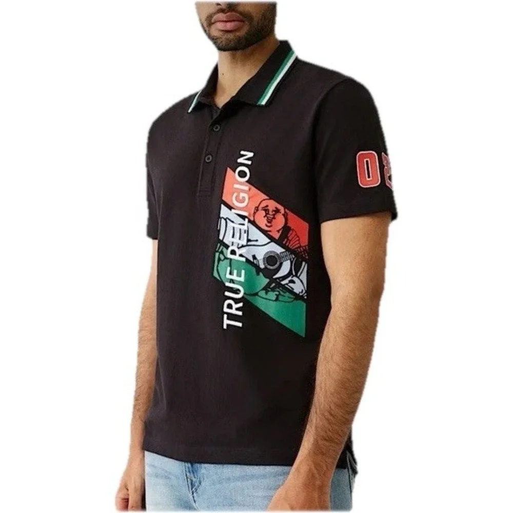 True Religion Buddha Polo‎ Shirt Men Size XL Black Graphic